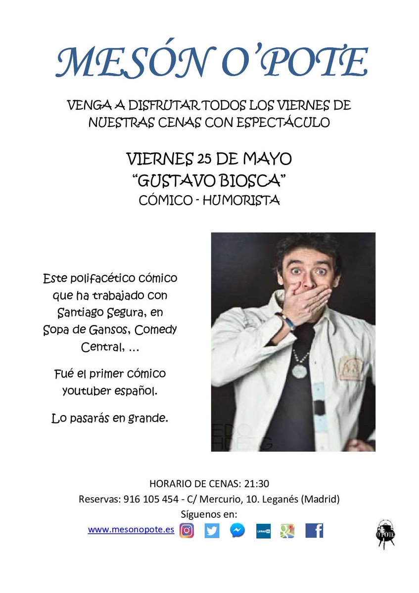 meson_o's tweet photo. Buenos días desde restaurante O'POTE Leganés.Le pasamos nuestros,menús de hoy,25 de mayo y no olviden que hoy nos visita Gustavo Biosca gran cómico que trabajó con Santiago Segura y en Sopa de Gansos.reservas,91.610.54.54,Hoy nuestro plato especia FABADA HECHA EN HORNO DE LEÑA https://t.co/ClqF6tdcbR
