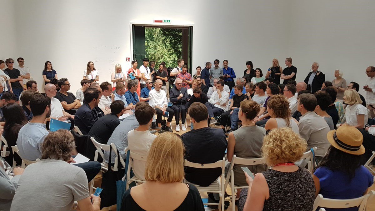 RIBA's tweet photo. 'Architecture has never recognised borders as a creative limitation' Andrew Clancy at the #RIBAEuropa Super Session in the @British_Design's #BritishPavilion discussing future of architecture in Europe #BiennaleArchitettura2018 @la_Biennale https://t.co/Zo1aUUkwNW