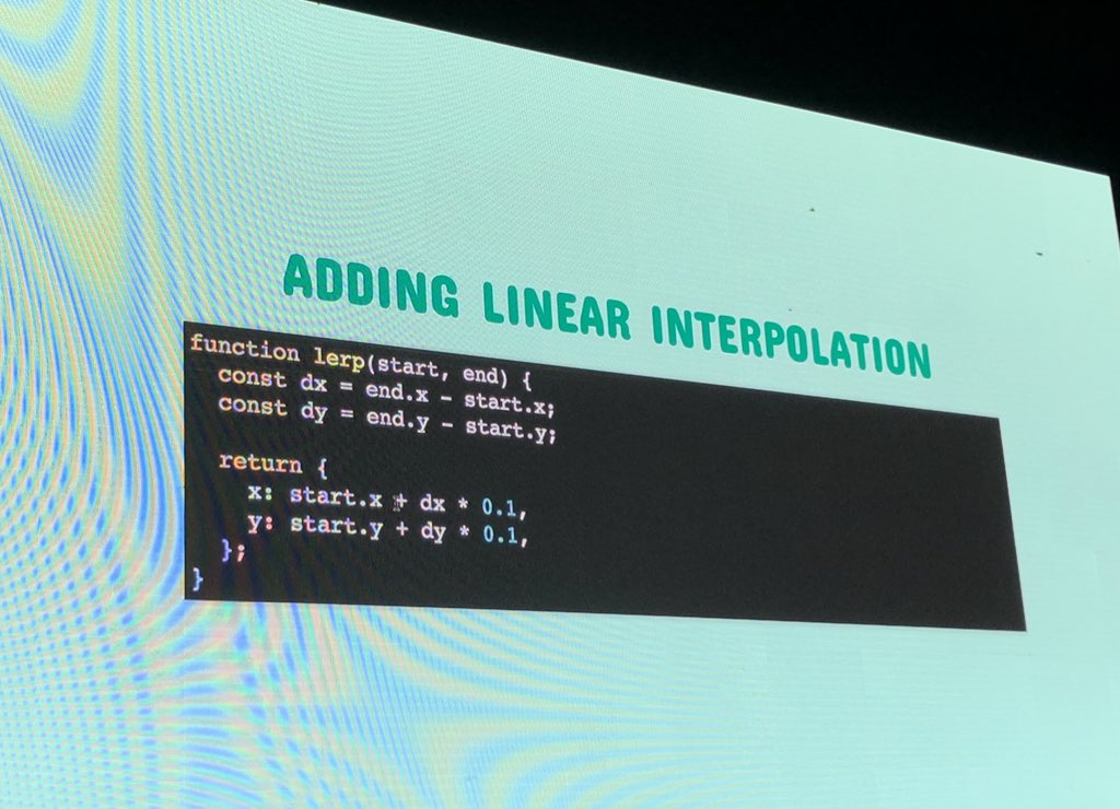 I really enjoyed @lisi_linhart’s SVG animation presentation at <a href="/fronttrends/">Front-Trends 2018</a>, she went through her process from start to finish drawing to animating with JavaScript interaction connected to CSS variables, using calc and sass maps, and finally, LERP