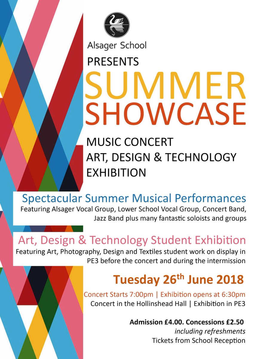 Excited to announce this years <a href="/AlsagerSchool/">Alsager School</a> Summer Showcase on Tue 26th June! An evening of outstanding musical performances from 7:00pm, an exhibition of creativity &amp; ingenuity from Art, Photography, Design &amp; Textiles students in PE3 before the concert and during the interval!
