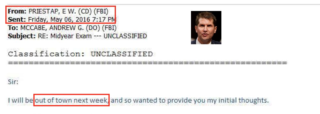 Okay, how do we know BILL PRIESTAP was in London? First, it has been known for months he was "out of town" in Mid May 2016, as this was released by the FBI as part of the Clinton email investigation. In this email PRIESTAP comments on  @Comey's exoneration statement of H Clinton