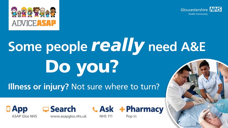 NHSGlos's tweet image. Don’t clog up A&amp;amp;E this bank holiday - it’s for real emergencies. Advice &amp;amp; info on services -pharmacy, GP Glos Health Access Centre, Community Hospital minor illness &amp;amp; injury units, NHS 111, from asapglos.nhs.uk or the ASAP Glos NHS App