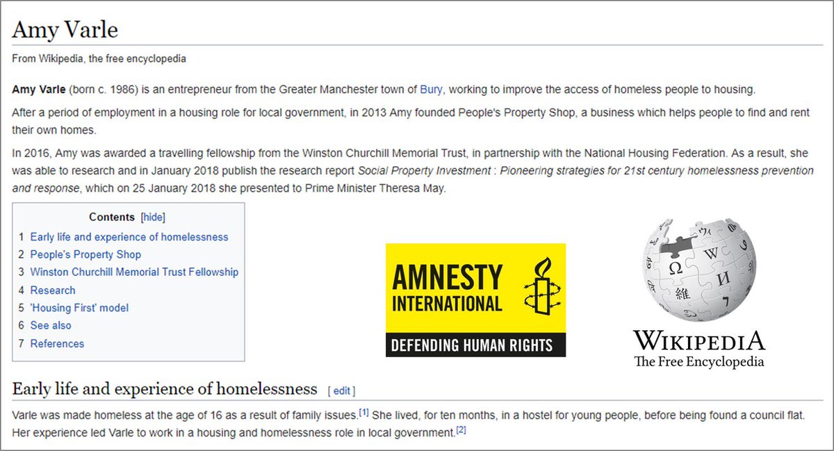 MissAmyVarle's tweet photo. So excited to share my new @Wikipedia page, created by Wiki in partnership with Amnesty International! A celebration of female #HumanRights defenders, all over the world 💕 What an honour to have my #HousingFirst &amp; #homeless #activism work promoted here 🙌 https://t.co/iZMtDh3BHH https://t.co/bopZ7MX2Rh