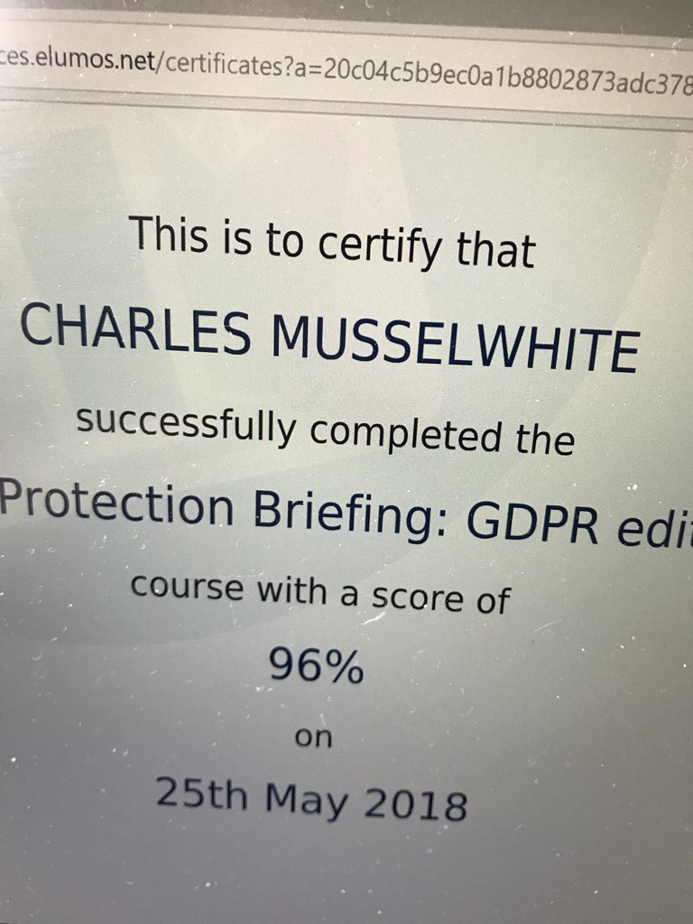 charliemuss's tweet photo. Thanks eveyone for listening as I completed this training course #GDPR #expert #keptmesane https://t.co/7LAFHXJwhG