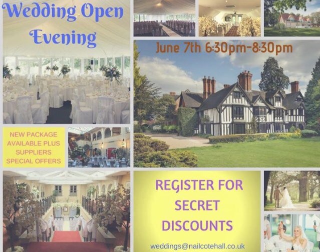 Enjoy our #Weddings Open Evening on Thursday June 7th from 6.30pm - 8.30pm  A great chance to meet our Weddings team and suppliers who all want to help make your ‘Special Day’ perfect and view all our #venue option choices and gardens and ground surrounding Nailcote Hall