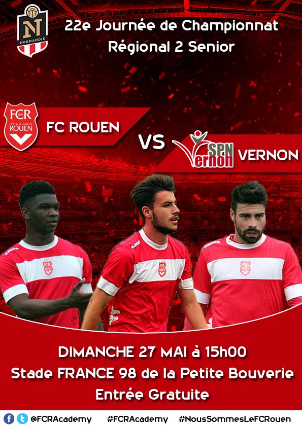 FCRacademy's tweet photo. Match décisif ce dimanche pour notre équipe réserve qui recevra le SPN Vernon en championnat Régional 2, un seul petit point suffit à nos diablotins pour concrétiser cette saison et valider le titre de champion! On compte sur vous!! 

#FCRAcademy #NousSommesLeFCRouen https://t.co/8GnjxdcB3H