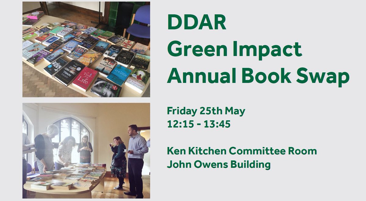 Green_DDAR's tweet photo. Our second green impact event of the day is our annual book swap! All welcome, 12:15- 13:45 in Ken Kitchen (John Owens Building). Free entry. #uomgi @UoMSust https://t.co/W9sdy5vtEJ