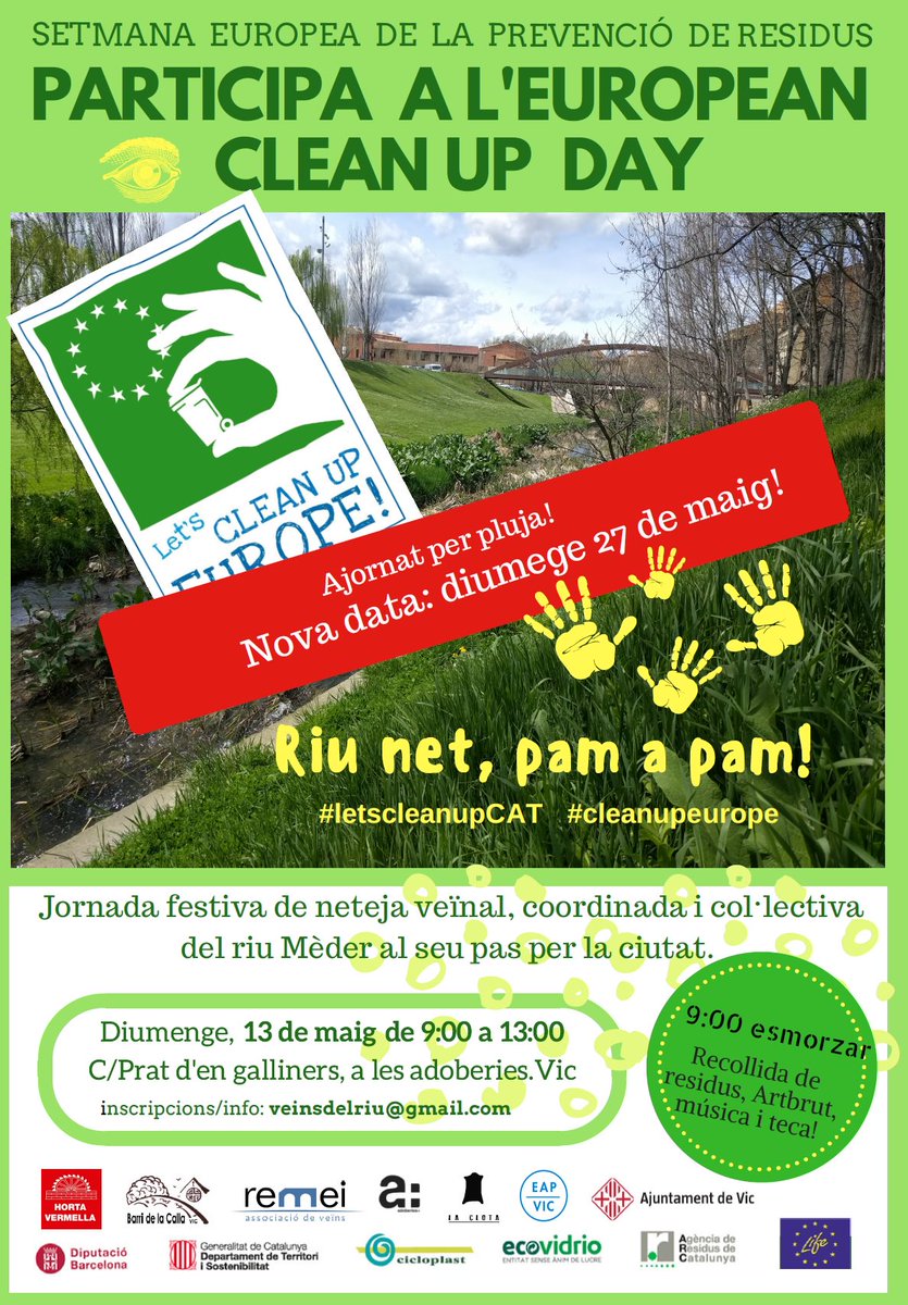 vic_mediambient's tweet photo. 📣RECORDA!
✔️ "RIU NET PAM A PAM"
📅Diumenge jornada de voluntariat i de neteja al riu Méder.
🕙9.00h
📍C/ Prat de Galliners (adoberies)
#letscleanupeurope
#letscleanupday https://t.co/DUKHLuGHWd