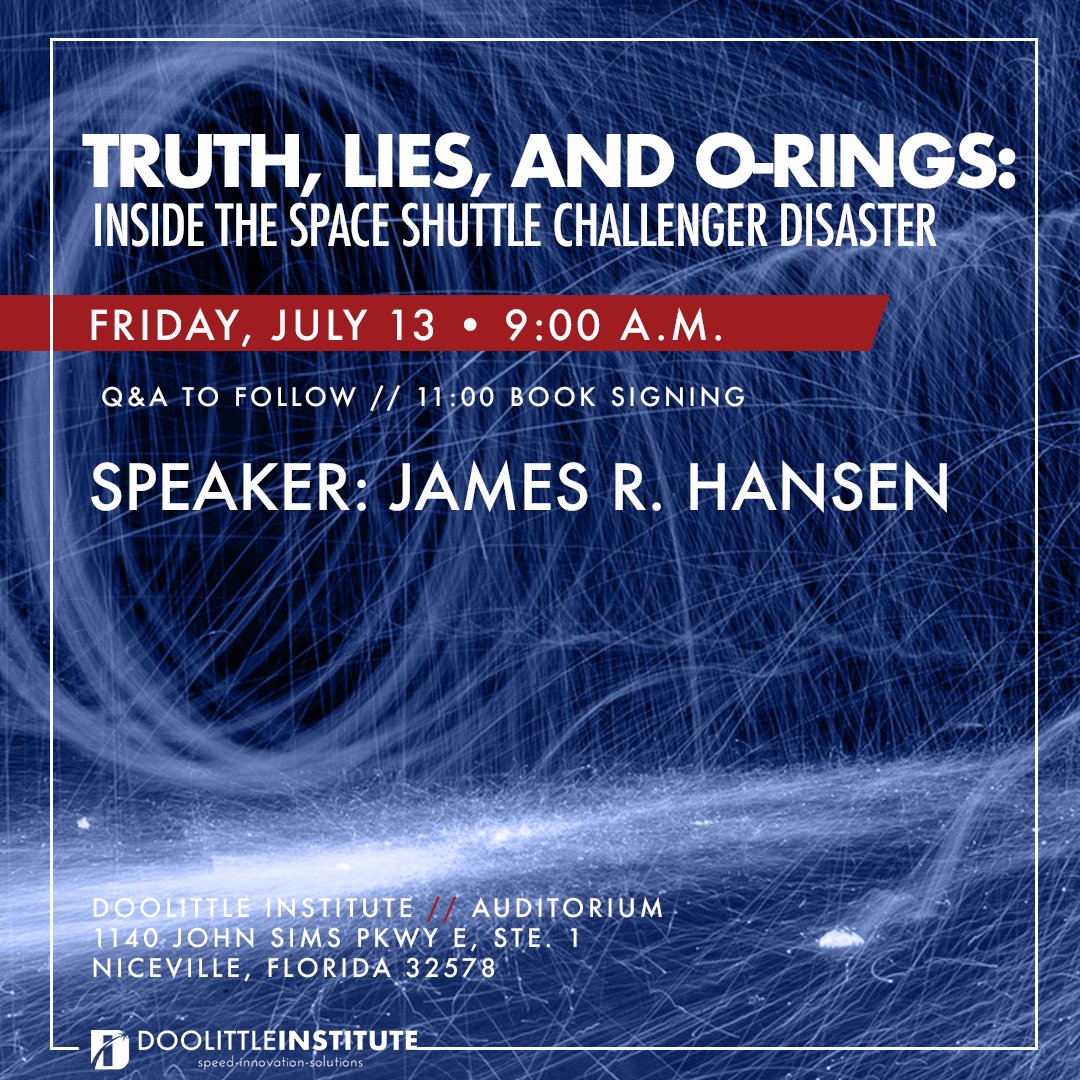 DoolittleInst's tweet photo. "What happened in the #SpaceShuttle #Challenger disaster? Who is responsible? How can we prevent this tragedy in the future?" Hear what James Hansen, author of "Truth, #Lies, and O-Rings," has to say about it on July 13. 
Learn more: https://t.co/8UNhODdabs https://t.co/Px7Wn3FKIh