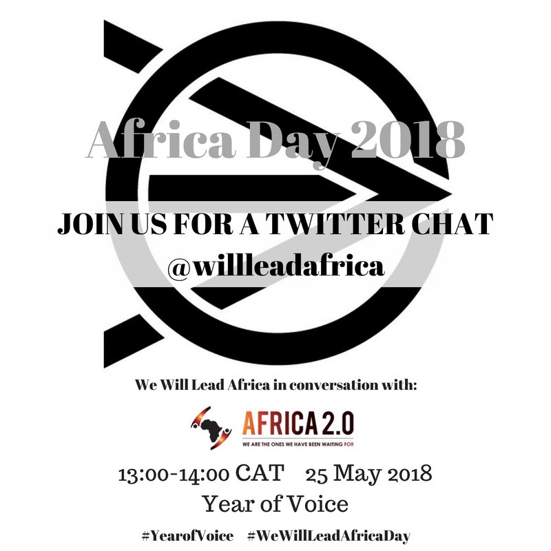 WE ARE ON! Join us for the next hour in conversation with <a href="/Africa2point0/">Africa 2.0</a> talking about African everyday leadership ... and HAPPY #AFRICADAY2018! Use hashtags #WeWillLeadAfricaDay #YearofVoice