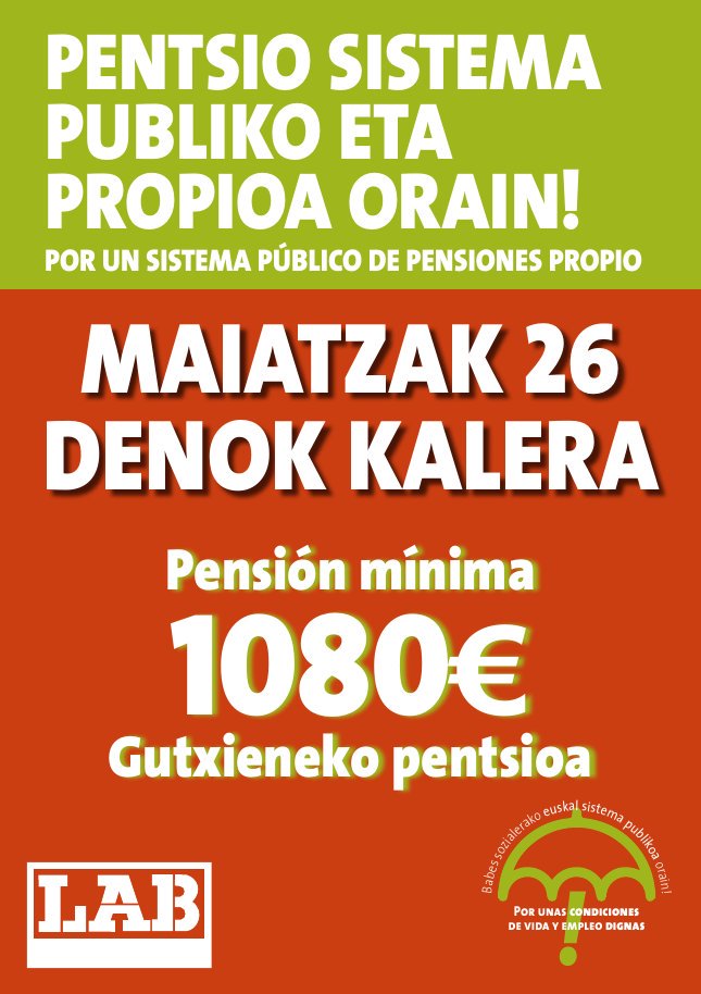 BIHAR KALERA!
#gukgurepentsioak
#LanDuina
#BiziDuina
#HerriDuina
📢 Bilbo: 18:00etan Bihotz Sakratu-tik
📢 Donostia: 17:30etan Cervantes Plazatik
📢 Gasteiz: 12:00etan Artium-etik
📢 Iruñea: 18:00etan Gaztelu Plazatik