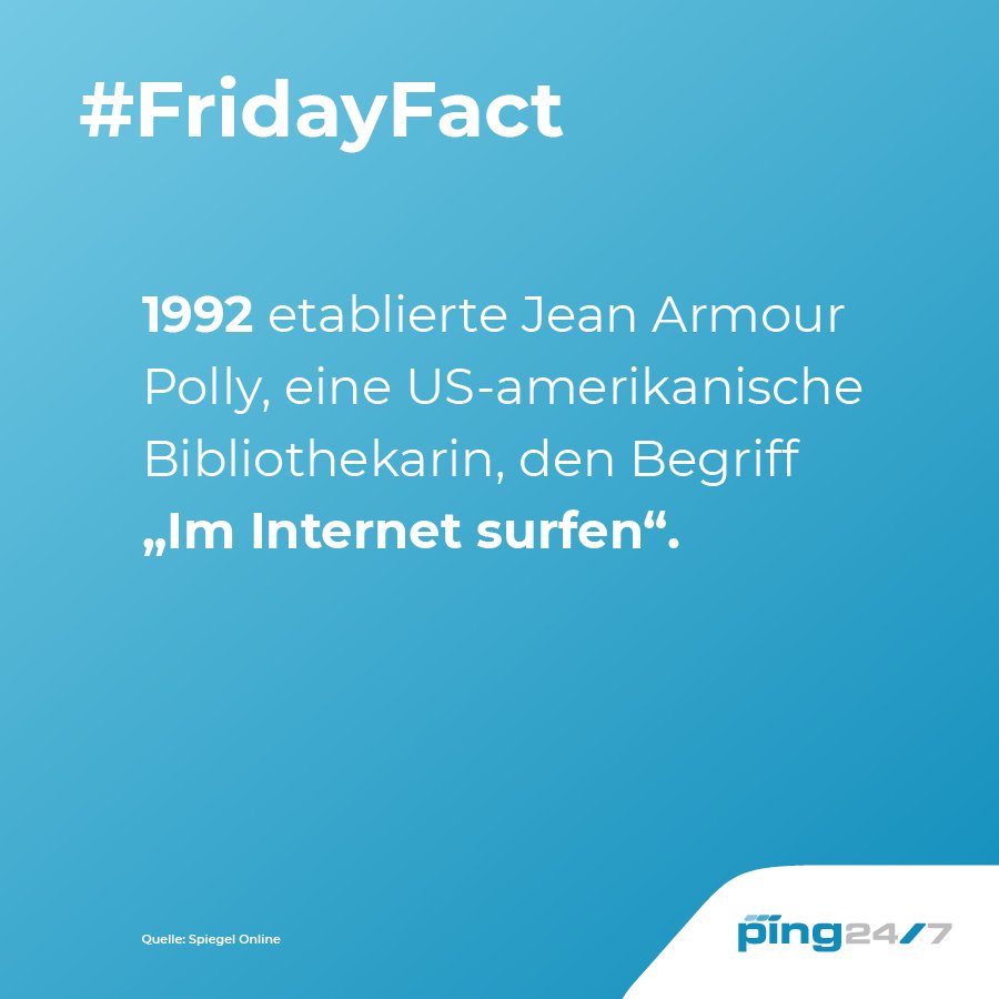 ping247's tweet photo. Der #FridayFact ist zurück! Er informiert Euch jeden Freitag über interessante Fakten. Lasst Euch überraschen!

Der heutige #FridayFact dreht sich um "Die Frau, die das 'Surfen' erfand". Sie suchte eigentlich nur nach einem Titel für ihren Aufsatz.

https://t.co/pKZ5Zc9s9w https://t.co/7ct39Vvt1m