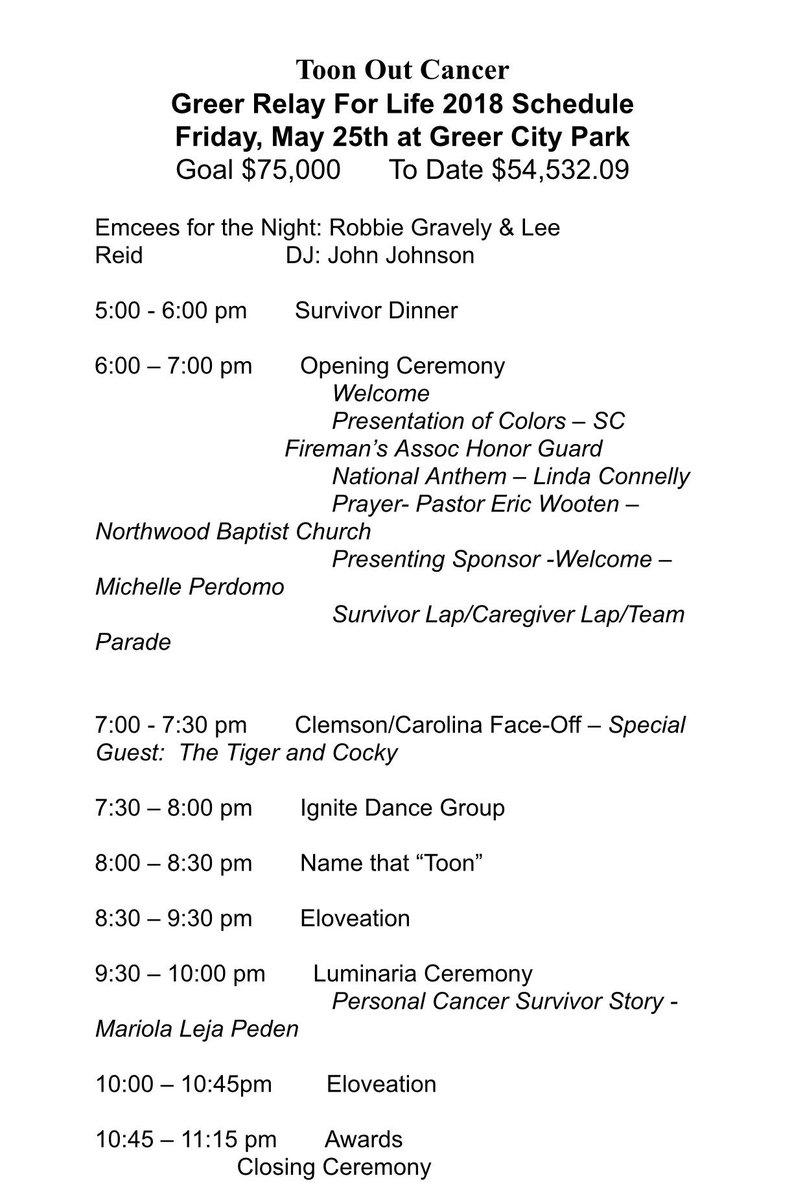 GreerRelay2019's tweet image. Here’s the schedule for tonight 💜🙌🏽 #HereinGreer #CancerResearch #findacure
