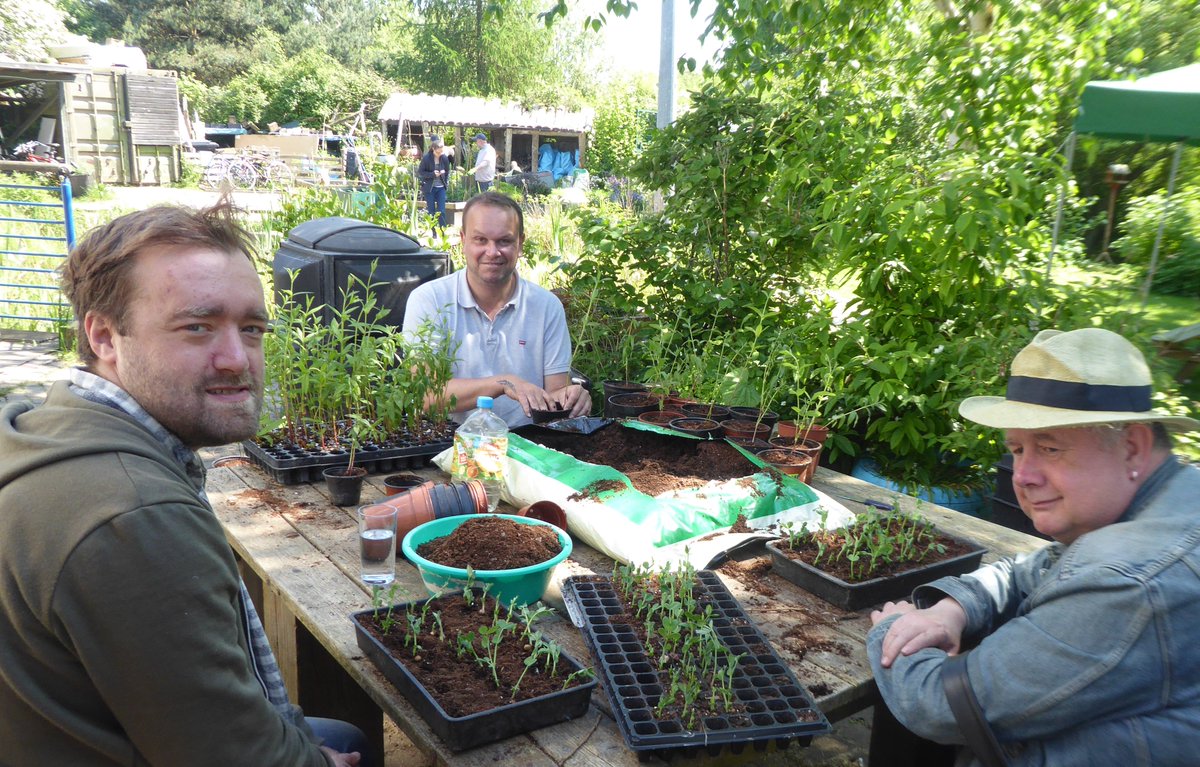 StNicksFields's tweet photo. Productive afternoon in our #Ecotherapy gardening group yesterday afternoon potting up peas ready to be planted out in the veg beds. https://t.co/QrtG34Xe3X