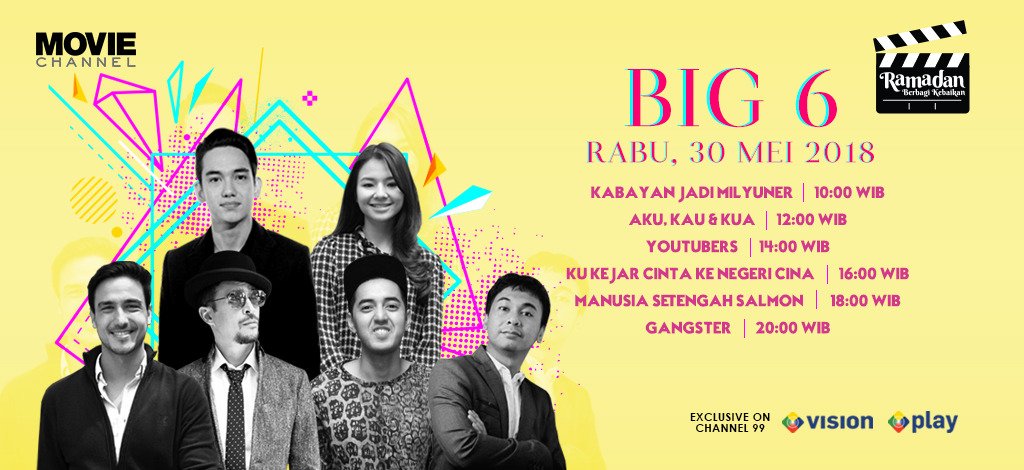 MNC_Movie's tweet photo. Movie Channel ulang tahun yang ke-6
Saksikan keseruannya dalam : 
BIG 6
Pada hari Rabu, 30 Mei 2018.. mulai jam 10:00 - 22:00 wib.. only on Movie Channel . Ch.99 @MNCVisionID https://t.co/ii6TgYMcbW