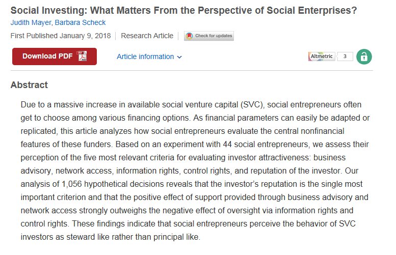 Article in June issue of #NVSQ explores how social entrepreneurs evaluate the non-financial features of potential social investors.
#nonprofits #entrepreneurs 
bit.ly/47-3-3
