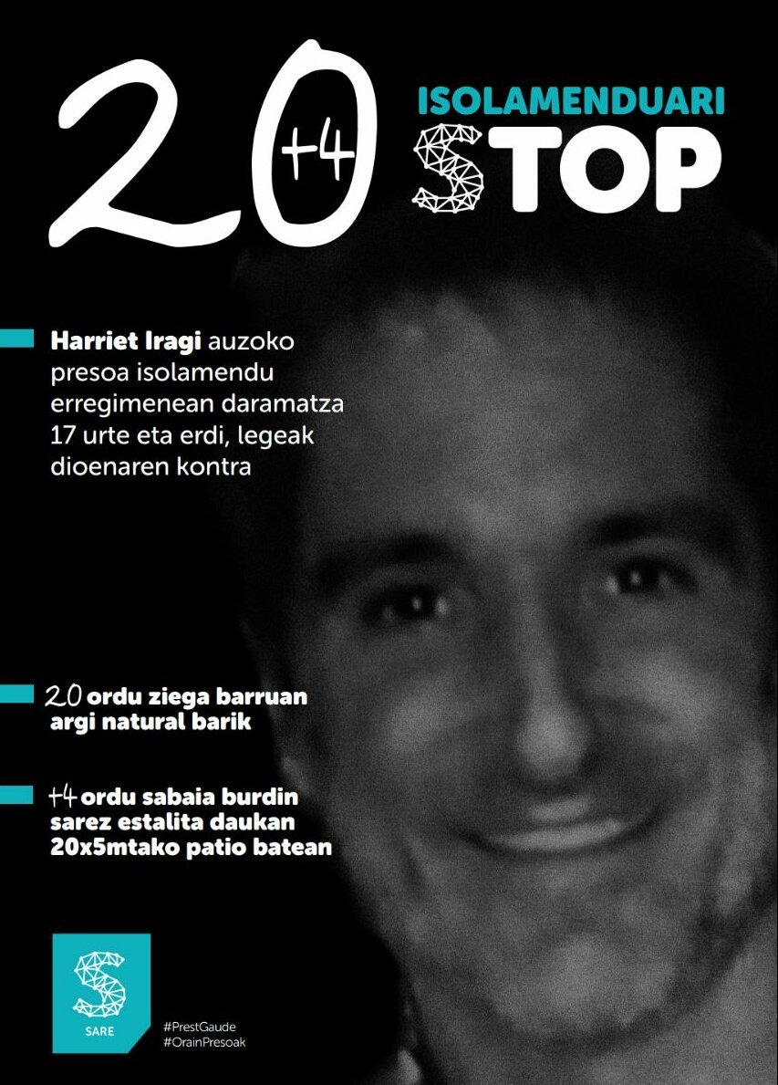 SareBizkaia's tweet photo. Harriet Iragi Bilboko zazpi kaleetako auzokideak +17 urte daramatza isolamenduan, legeak 14 eguneko muga ezarri arren.

⏩ 20+4* ⏪

* 20 ordu ziegan eguzki argirik gabe +4 ordu sarez estalitako patioan.
* 20 horas en una celda sin luz natural +4 horas en un patio con rejas. https://t.co/1D3RkwXiBe