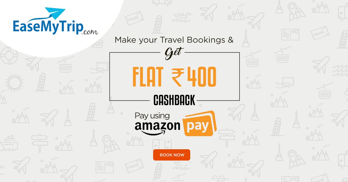 EaseMyTrip's tweet photo. Make your Travel Bookings & Get Flat Rs. 400 Cashback in Amazon Pay Wallet
#AmazonPayWallet #TravelBookings #CashBackInAmazon @amazonIN #EaseMyTrip
Book Here: https://t.co/DZ6lDPmbLX https://t.co/Wu2C58OXli