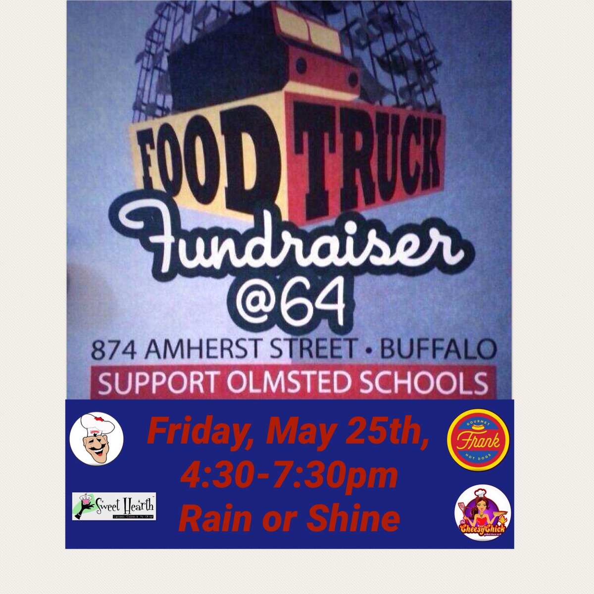 This evening, the 5th annual Fundraiser <a href="/64/">64 comrades airship cooperative</a>, 4:30-7:30pm, 874 Amherst St, Buffalo.  We will be with our buds from <a href="/FindFrankNow/">Frank Gourmet Hot Dogs 🌭</a>, <a href="/TheCheesyChick/">The Cheesy Chick</a>, <a href="/streeteatsbflo/">M&S Street Eats</a>.  #BuffTrucks #BuffaLove