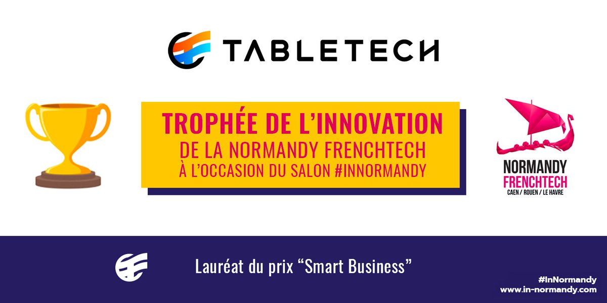 TheNextFrench's tweet image. 🏆 TABLETECH : lauréat du prix &quot;Smart Business&quot; du Trophée de l&apos;Innovation de la normandyFT 🎉

[J-7] pour le salon #InNormandy 🙌#FrenchTech #TableTechBusinessSolution #startup #smartbusiness 

— TableTech (TableTech_fr) May 25, 2018