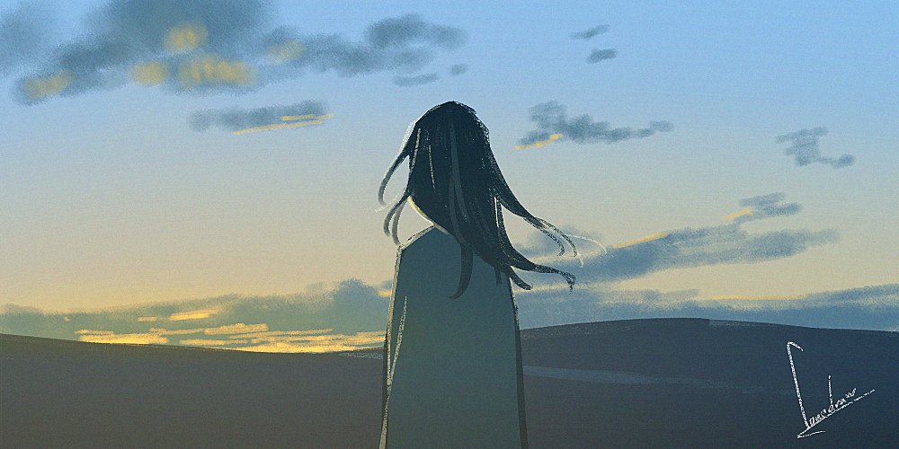 1girl solo long hair sky cloud outdoors signature  illustration images