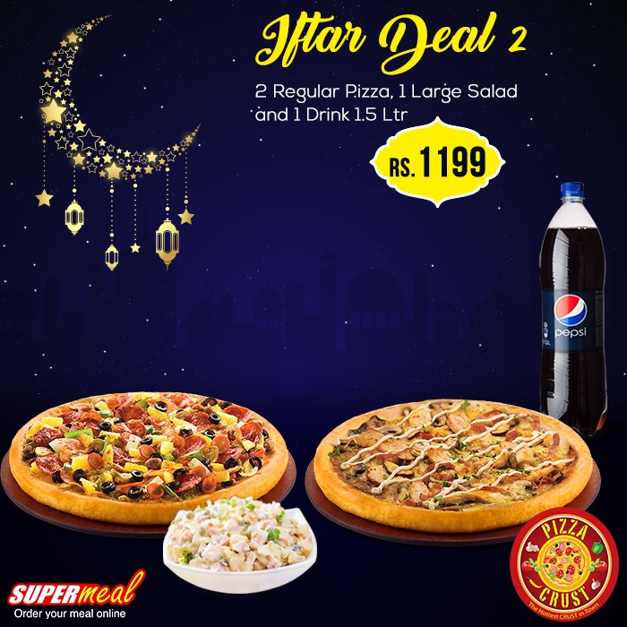 Order 2 Regular Pizza, 1 Large Salad and 1.5Ltr Drink. just for Rs. 1199 from #PizzaCrust

Order Now: goo.gl/ZWM35p or Call 021 111 775 775

For instant help contact our support team via Live Chat:goo.gl/9qzYCj

#SupermealPK #Ramadan #Karachi #Deals #Discounts