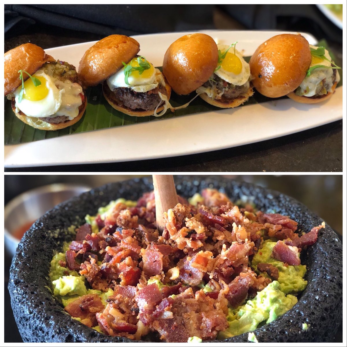 Table-side Guac with bacon and weekend special New Mexican Sliders with Kobe Beef on Brioche buns, topped with Applewood Smoked Bacon, New Mexico Green Sauce, Asadero Cheese, and a QuailEgg. #perfectlunch <a href="/MiDiaFrmScratch/">Mi Dia From Scratch</a>