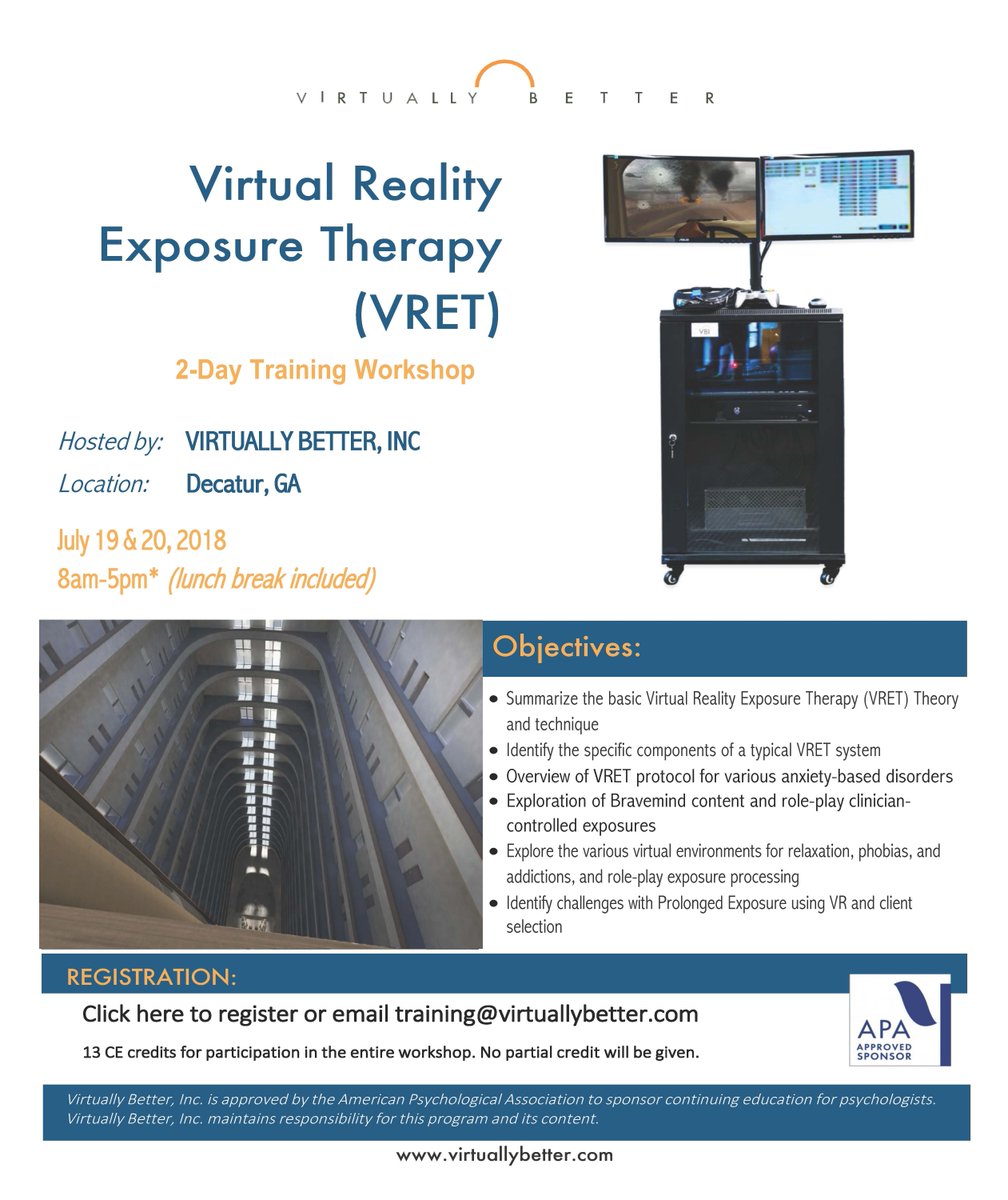 VirtuallyBetter's tweet photo. Register Now!! Only a few seats left for our July VR Exposure Therapy training session.. https://t.co/StKkBcKl4N
