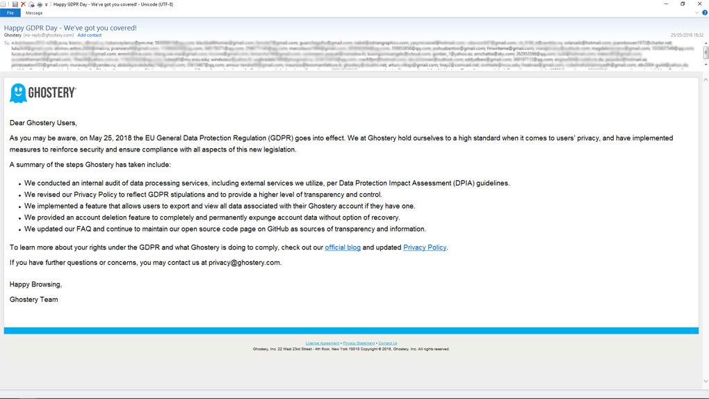 DoggyStyle's tweet image. Hey @ghostery WTF! Sending a #GDPR email out with 100&apos;s of your customers showing in the cc box!!! #GDPRFAIL