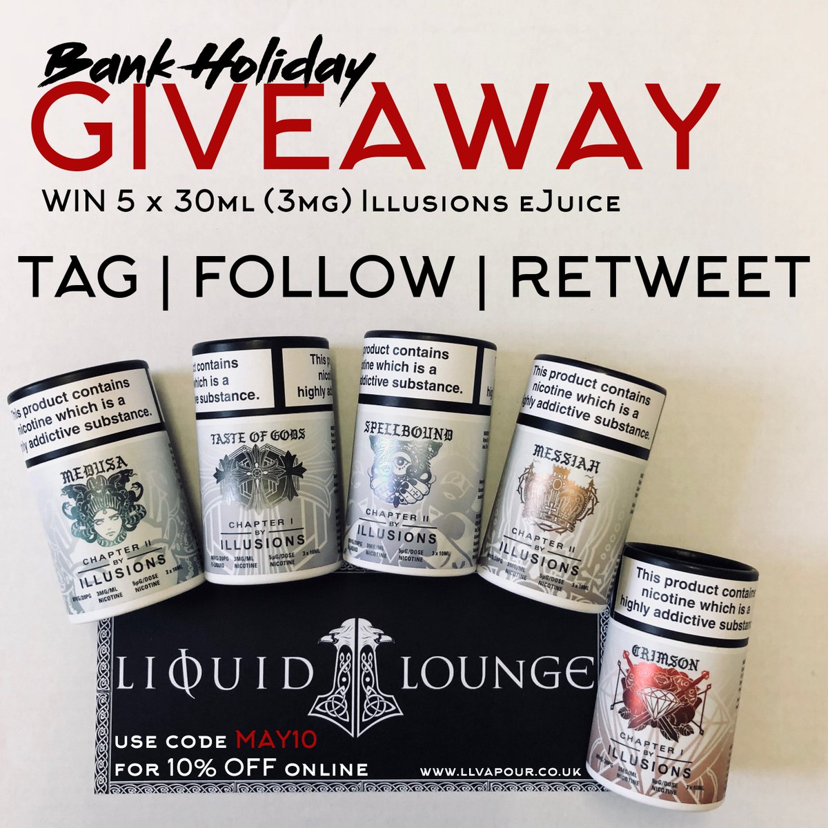 To celebrate the bank holiday weekend here in the UK, we're GIVING AWAY 150ml of ejuice! ☀️

Simply retweet, tag 3 friends and make sure you follow <a href="/LL_VAPOUR/">Liquid Lounge Vapour Supplies</a>

Worldwide entries! | T's+C's: llvapour.co.uk/illusions-give…  

#llvapour #vapedeals #vapegiveaway #ejuice #ecig #illusions