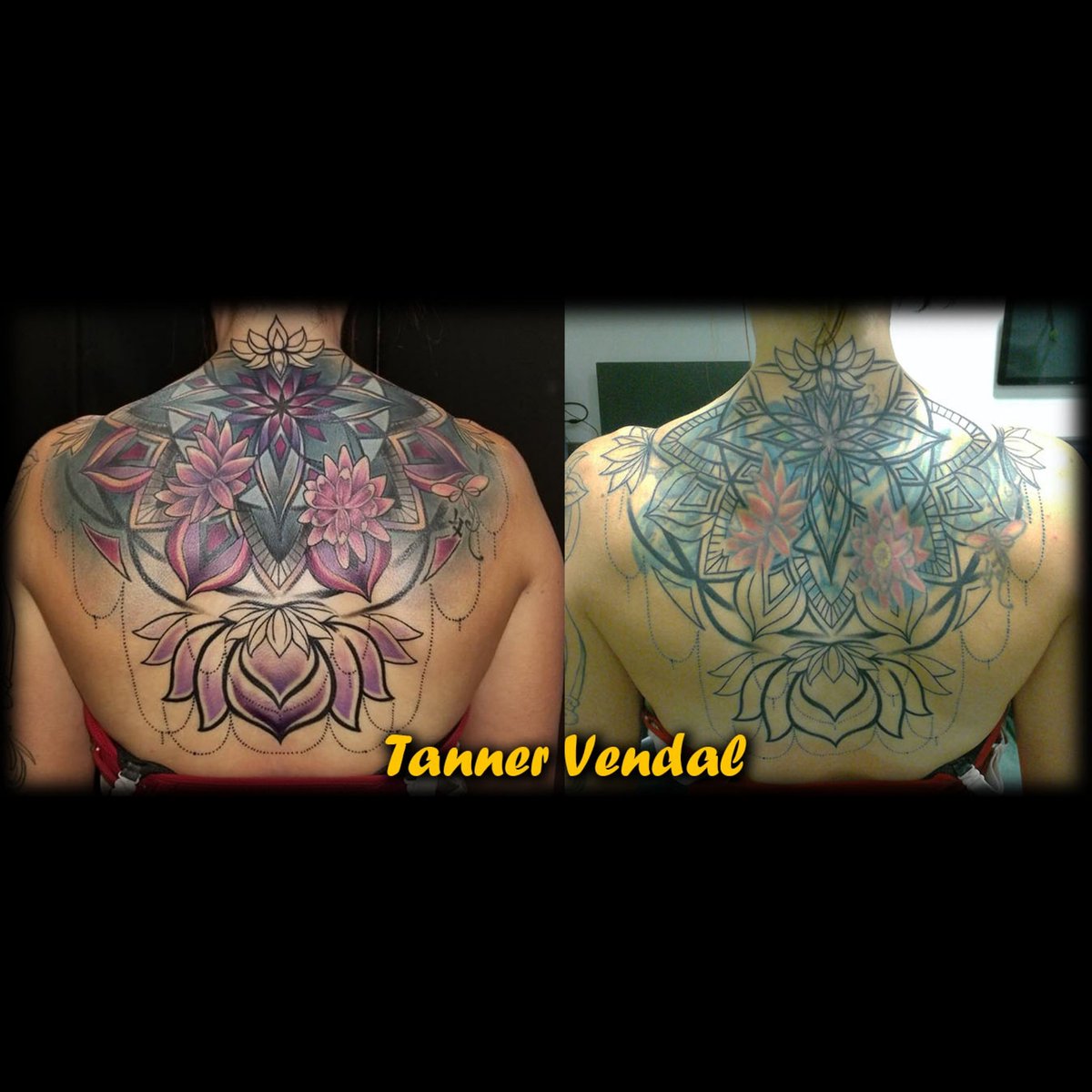 DaddyJackTattoo's tweet photo. This ornamental back cover up piece is stunning. On the right you can see what was originally there. Cover up done Tanner Vendal!! #coverup #coveruptattoo #color #colortattoo #ornamental #ornamentaltattoo #backpiece #Tannervendaltattoos #daddyjacksbodyartstudio https://t.co/8S2VoadV3w