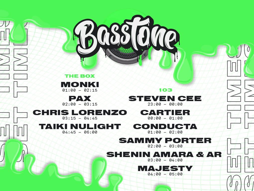 Set times for Saturday! 
@monki_dj , @StevenCeeMusic, @iamsammyporter, @Taiki_Nulight, @chrislorenzo + more💃

basstone.co.uk