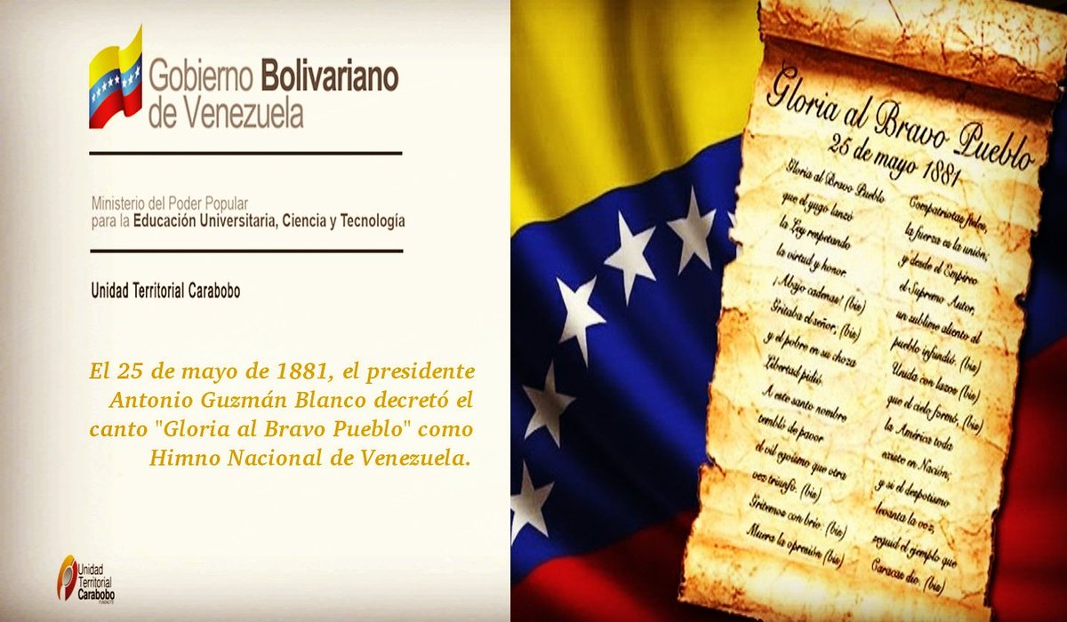 #Efemérides | #25May de 1881, el presidente Antonio Guzmán Blanco decretó el canto "Gloria al Bravo Pueblo" como Himno Nacional de Venezuela.
#SeisLíneasDeMaduro 
<a href="/NicolasMaduro/">Nicolás Maduro</a>
