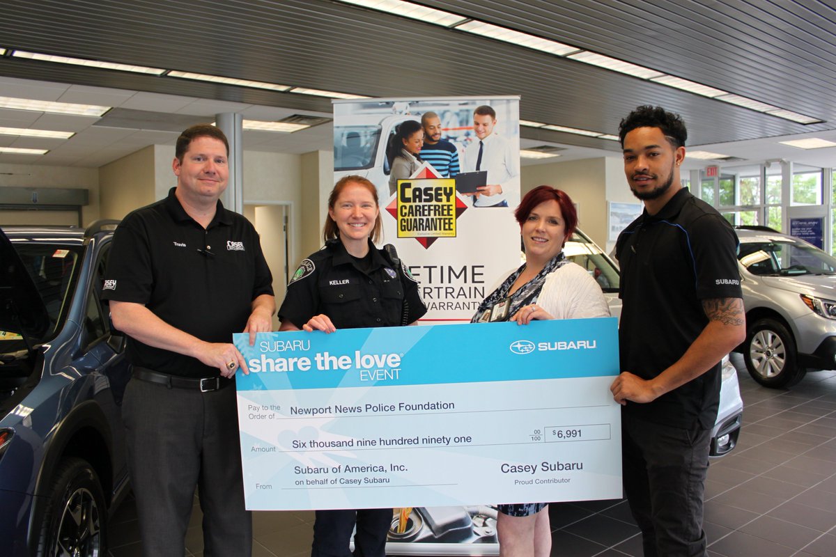 A huge thank you to <a href="/caseysubaru/">CaseySubaru</a> for their extremely generous donation of $6,991 through the <a href="/subaru_usa/">Subaru</a> Share the Love event. Casey picked the Foundation as their premier, hometown charity, and we couldn't be more excited. Subaru makes a donation for each new vehicle purchased!