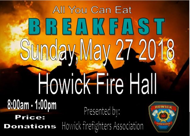 Don't forget 📆 Howick Firefighters Breakfast Sunday 8-1 at the fire hall in Gorrie 🍳🍽☕ <a href="/onwestcoast/">Ontario's West Coast</a> #Howick #HuronCounty