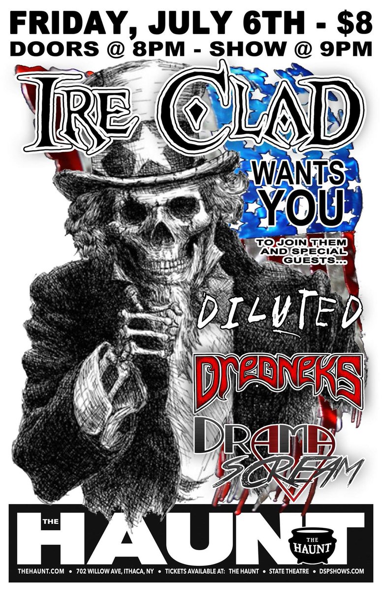 day_old_coffey's tweet photo. Yo Ithaca! We’re playing The @HauntIthaca on 7/6 with our pals in @IreClad, @DramaScream, and Dredneks. This will be our first time in town so let’s boogie down and break some shit.
#livemusic #rock #metal #thehaunt #ithacany #ireclad #dredneks #dramascream https://t.co/oj6qYc38pG