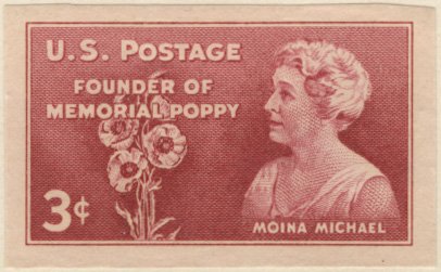 Moina Michael, known as “The Poppy Lady,” campaigned to make red #poppies a national symbol of war remembrance to honor the fallen. Pictured is a 1948 3¢ Moina Michael #stamp. Engravers: Charles A. Brooks &amp; Edward H. Helmuth. #MemorialDayWeekend #PoppyDay #HonorThroughAction