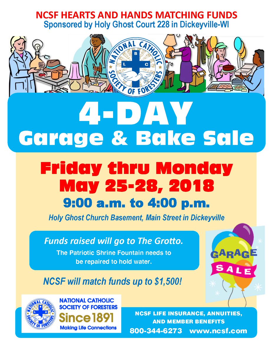 1891Financial's tweet image. #GIVEBACK #PerfectFind 4-Day Garage and Bake Sale! Join Holy Ghost Court 228 in Dickeyville-WI as they raise funds for the Grotto. NCSF will match funds up to $1,500! bit.ly/2xcqNTB
