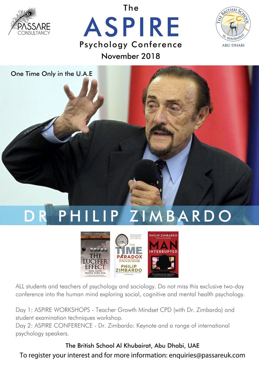 martynpsych's tweet photo. The ASPIRE Growth Mindset Psychology Conference 2018 in Abu Dhabi with @PhilZimbardo @LenniciaAP and others to be held at @BSAKAbuDhabi in November 2018... Cannot wait! https://t.co/fHkaiAxeBo