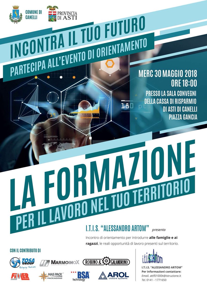 mas_pack's tweet photo. "INCONTRA IL TUO FUTURO"
Mecoledì 30 Maggio ore 18:00, 
Sala Convegni Cassa di Risparmio di Asti (a Canelli).
#Packaging #Technology #MasPackFamily #ITISArtom https://t.co/SsmKIIn7LJ