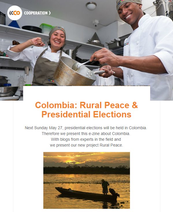IccoUsa's tweet photo. Sunday are the Presidential Elections in #Colombia. An important day about the future of #peace. Therefore, we made a special e-zine about Colombia, in which we present our new project #RuralPeace. Read it here -->  https://t.co/HFSNszUB9q @UEenColombia @NLinColombia https://t.co/LMIONf1EOR