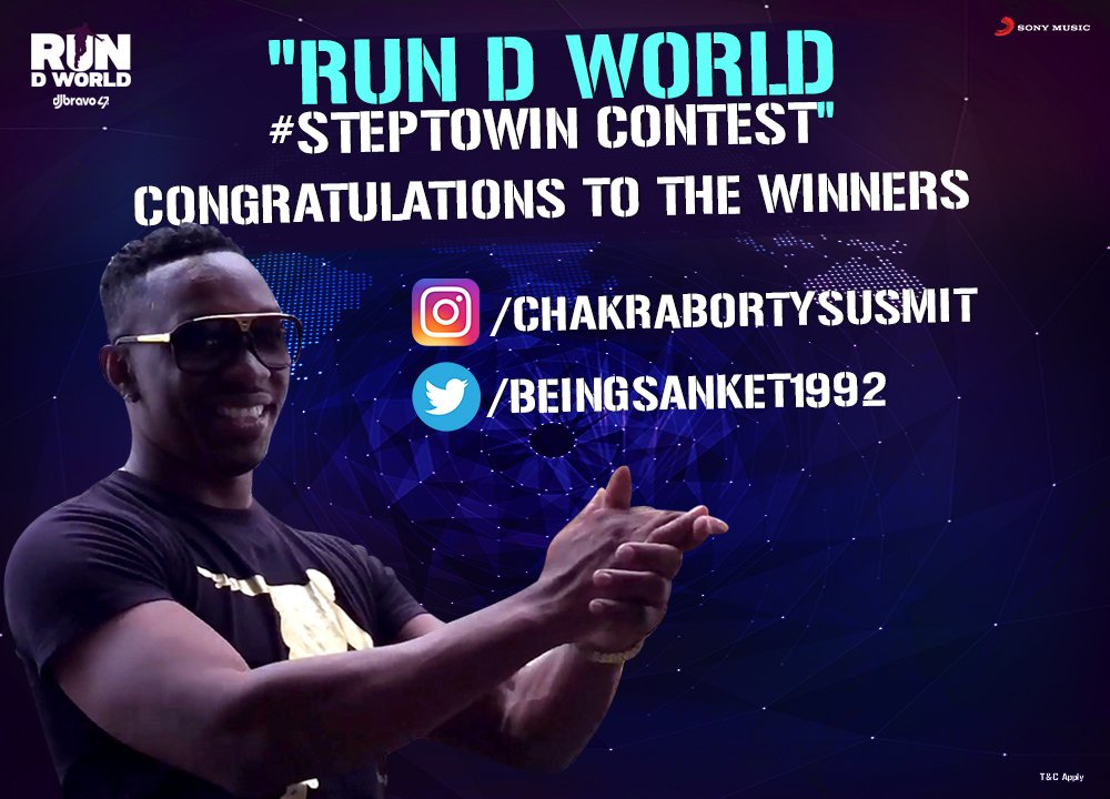 sonymusicindia's tweet image. Congratulations to the winners of #StepToWin contest. Kindly DM us your contact details. #RunDWorld @DJBravo47