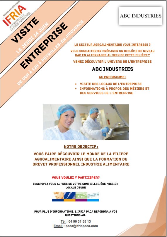 ifriapaca's tweet photo. L'IFRIA PACA en partenariat avec le réseau de Missions locales organisent des visites au sein des entreprises de la filière alimentaire Vous voulez y participer ? Contactez vite votre conseiller Mission Locale ! #Visitedentreprise #Agroalimentaire #Alternance #ARDML #IFRIAPACA https://t.co/W9k0d4ZPPc
