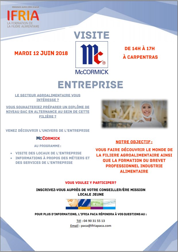 ifriapaca's tweet photo. L'IFRIA PACA en partenariat avec le réseau de Missions locales organisent des visites au sein des entreprises de la filière alimentaire Vous voulez y participer ? Contactez vite votre conseiller Mission Locale ! #Visitedentreprise #Agroalimentaire #Alternance #ARDML #IFRIAPACA https://t.co/W9k0d4ZPPc