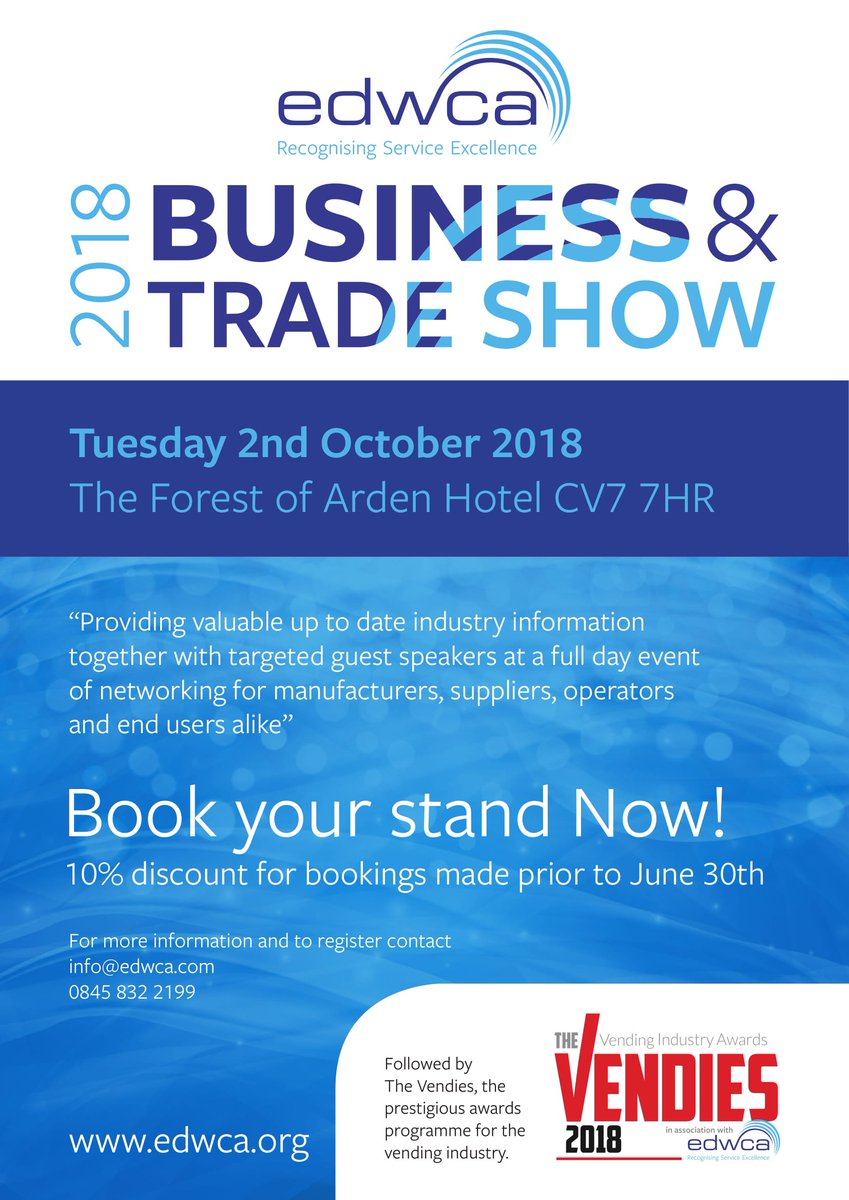 EDWCA1's tweet photo. We are delighted to announce our Business Day and Trade Show in conjunction with @TheVendies. Taking place at The Forest of Arden hotel in Meriden, our  trade show is open to beverage industry and we look forward to welcoming exhibitors from water, coffee and vending sectors. https://t.co/CycNzMehlN