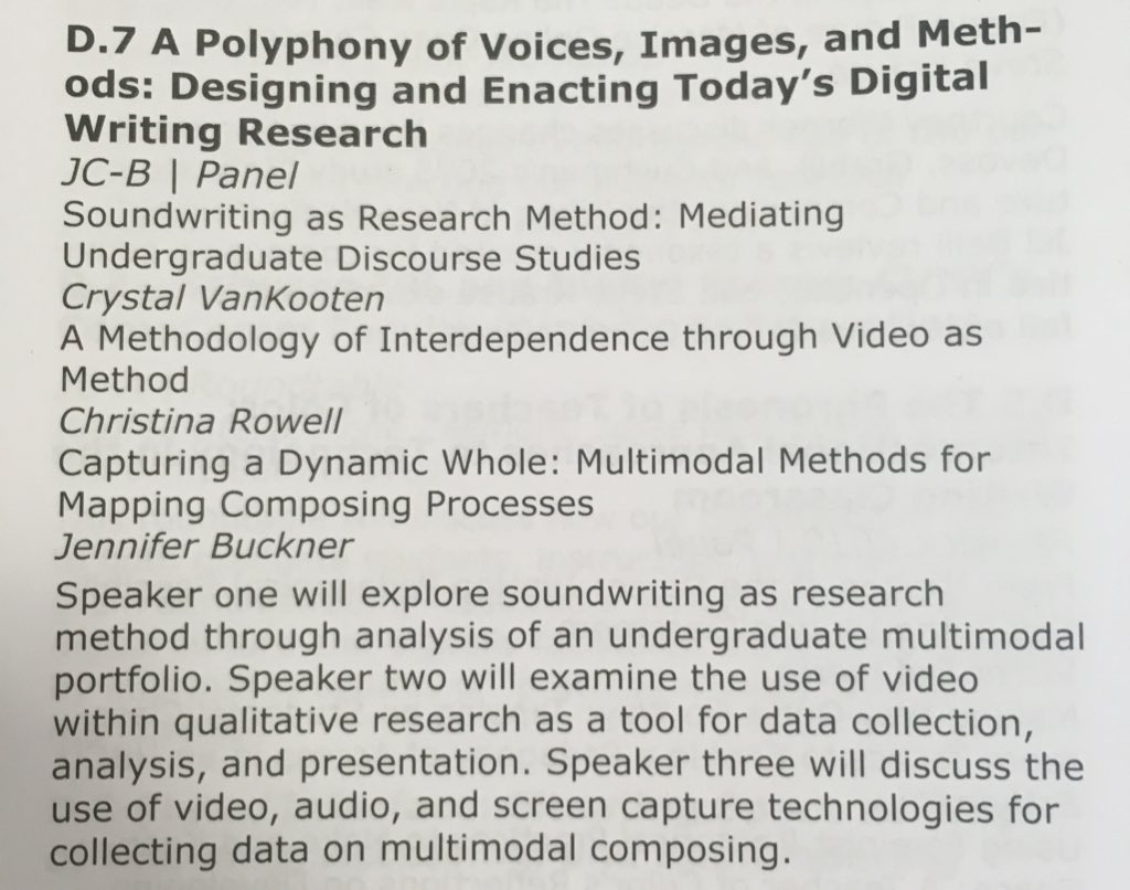 ce_rowell7's tweet photo. #cwcon are you interested in #methodology for #digitalwriting and #research? Come listen to myself, @crystalvk and @rhetorjjb as we talk about #soundwriting, video as method, and #multimodalmethods #d7 in JC-B https://t.co/EhhcamD1BA