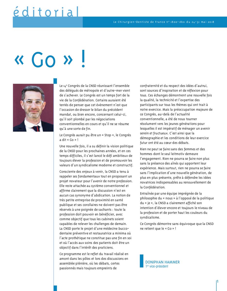 CDFmag's tweet photo. [Édito] "Go" !, par Doniphan Hammer, 1er vice-président de la #CNSD
@cnsdnational #dentaire https://t.co/f6LGUWwJK8 https://t.co/6kSECD4vMX