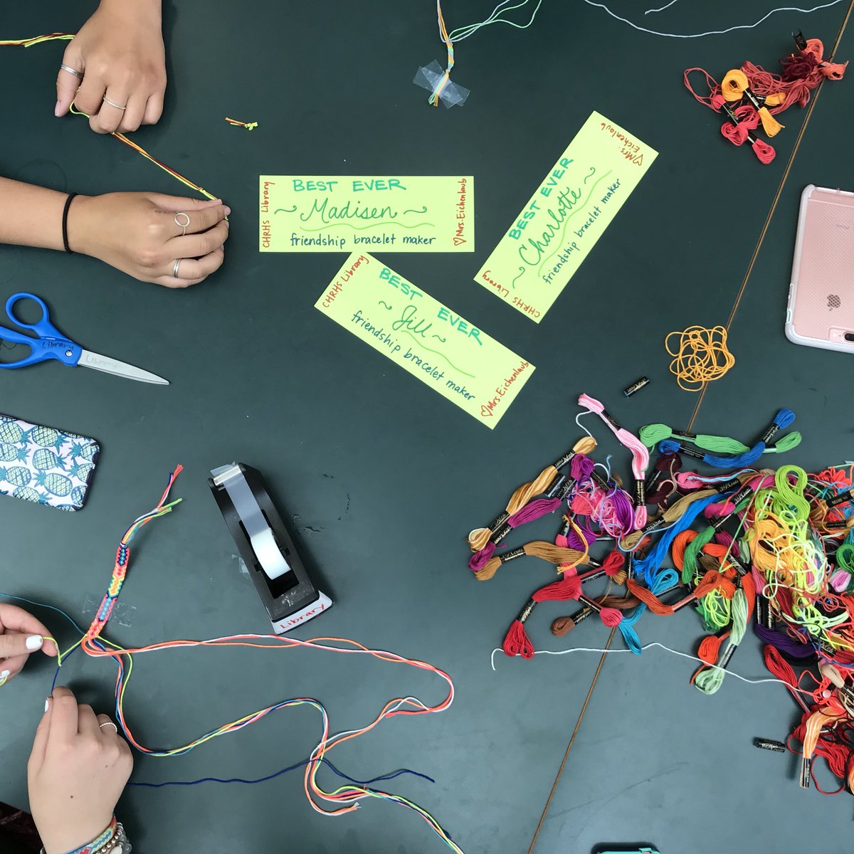 irisdagmar's tweet photo. Friendship bracelet Friday with some Seniors who are in the crafting mood! We are going to miss you, #classof2018 // #chillslibrary #librarymakers #librarycrafting #studentcenteredlibrary #maineschoollibraries https://t.co/ZkFFBofh76