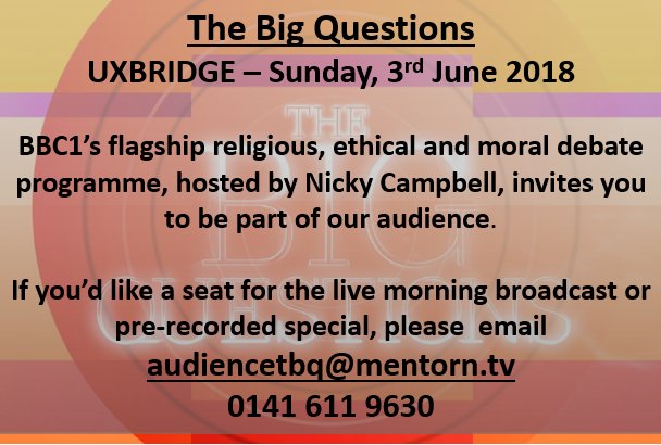bbcbigquestions's tweet image. @NortholtLocal BBC One's The Big Questions is coming to Uxbridge on Sunday 3rd June!

We are looking for audience members to attend our live morning show and pre-recorded Liberal World Order special in the afternoon.

Those interested can email audiencetbq@mentorn.tv