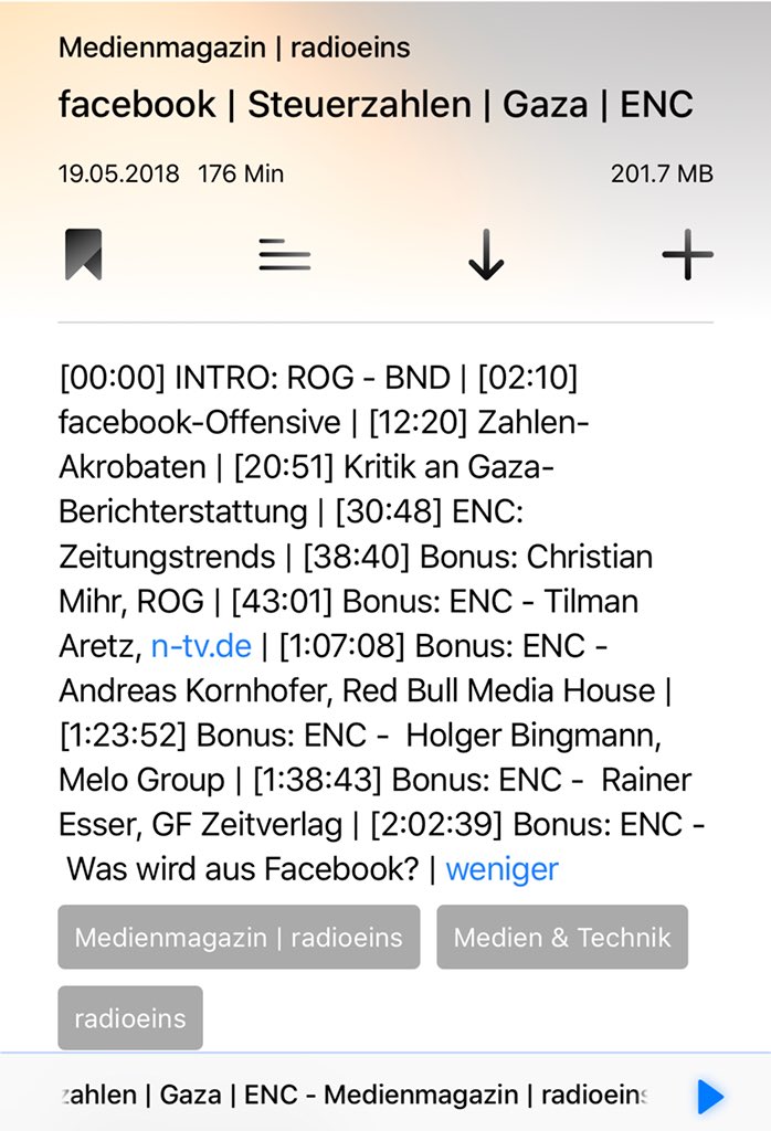 medienmagazin's tweet photo. Nach Tagen der Ungewissheit ist jetzt in der ARD-Audiothek der PodCast vom 19.05.2018 gefunden worden. Ein Deaktivierungshaken war zu viel. Nun kann also neben iTunes, TuneIn & Co. auch dort per App mobil gehört werden. Empfehle den üppigen Bonus vom #ENC18 aus Wien. https://t.co/IFfmSEQDTN